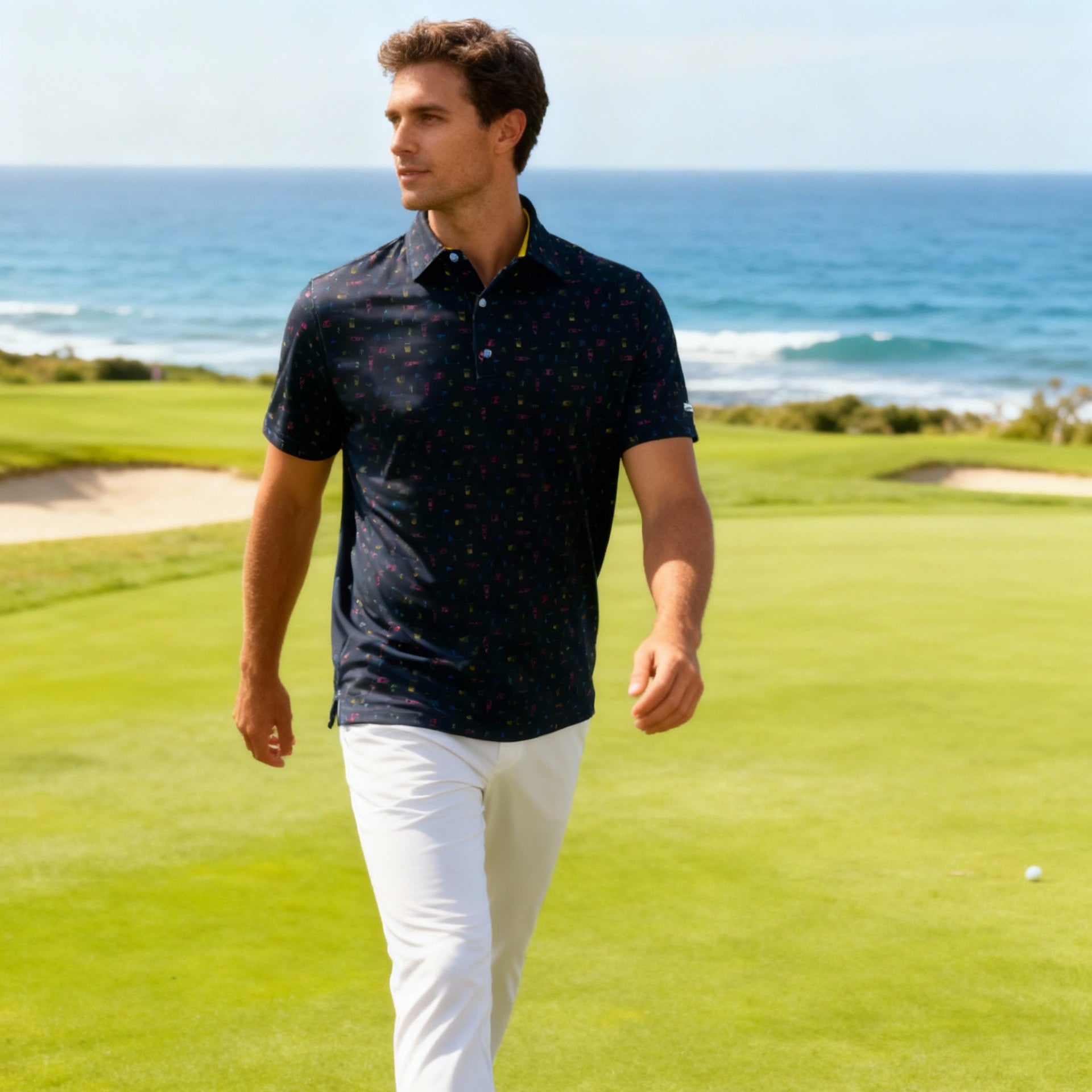 Man walking on a golf course with ocean in the background