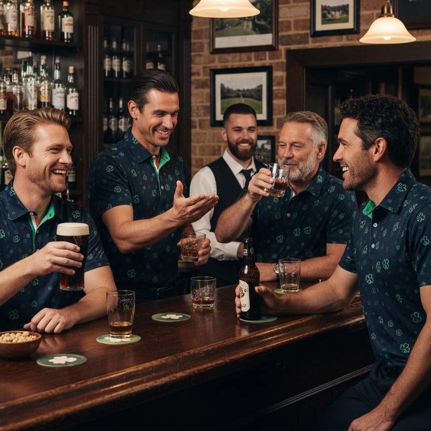 Group of men in matching outfits enjoying drinks at a bar.